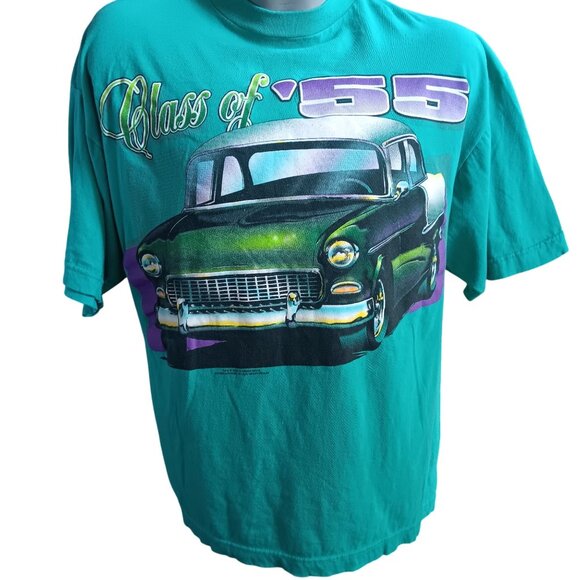 Vintage XL T-shirt 1990's AOP Warner Bros "Class Of 55" Rockabilly Auto Club - Picture 2 of 5